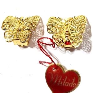Vtg Milada Sterling Germany Filigree Gold Butterfly Clip Earrings with Tag